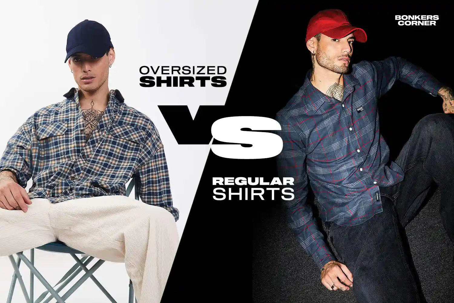 Comparison of oversized shirts and regular shirts, showcasing their different fits and styles side by side.