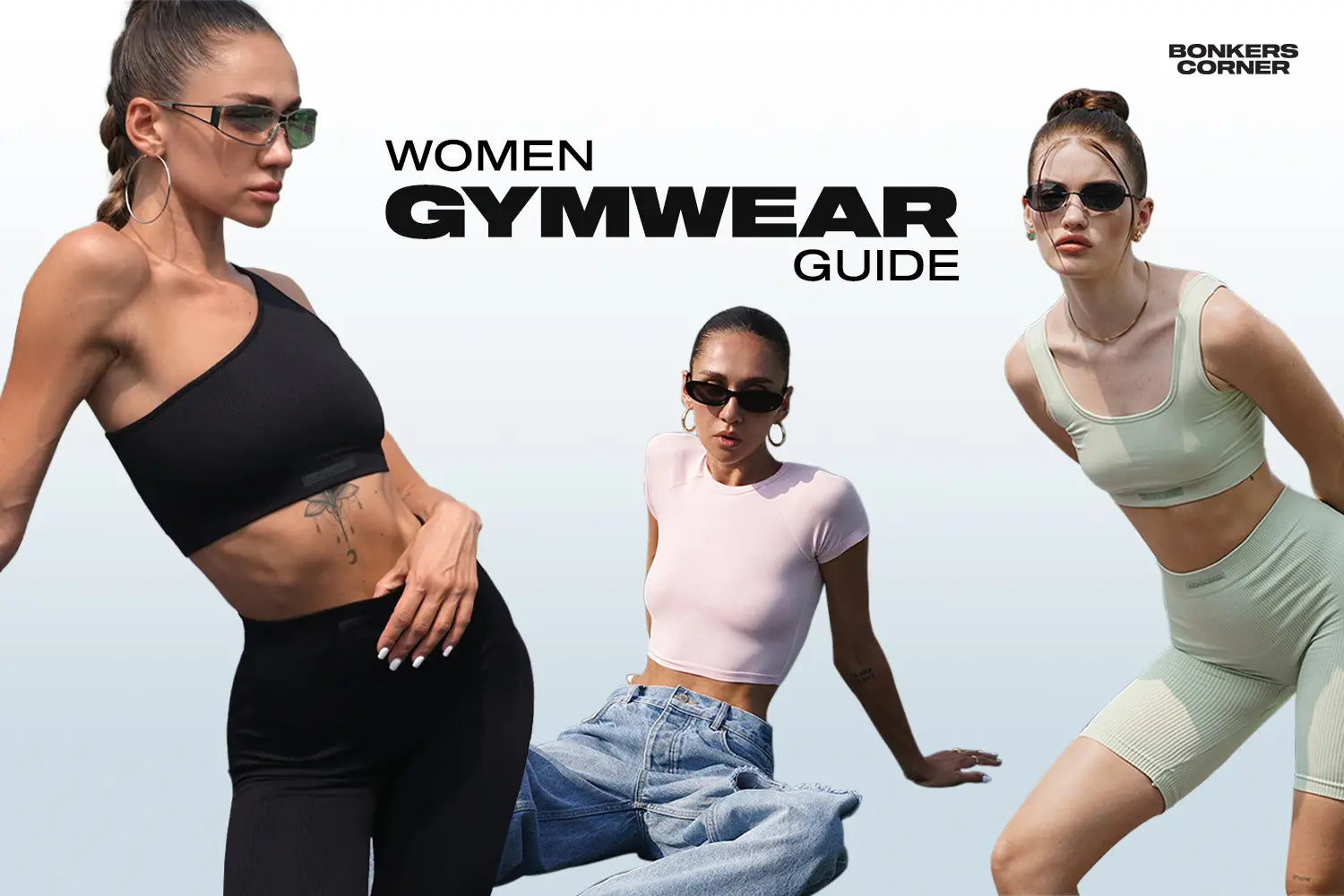 A stylish women's gymwear guide featuring various outfits for workouts and fitness activities.