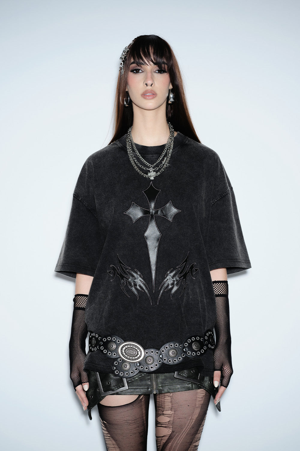 Crucivibe Leather Patch Oversized T-shirt - BonkersCorner