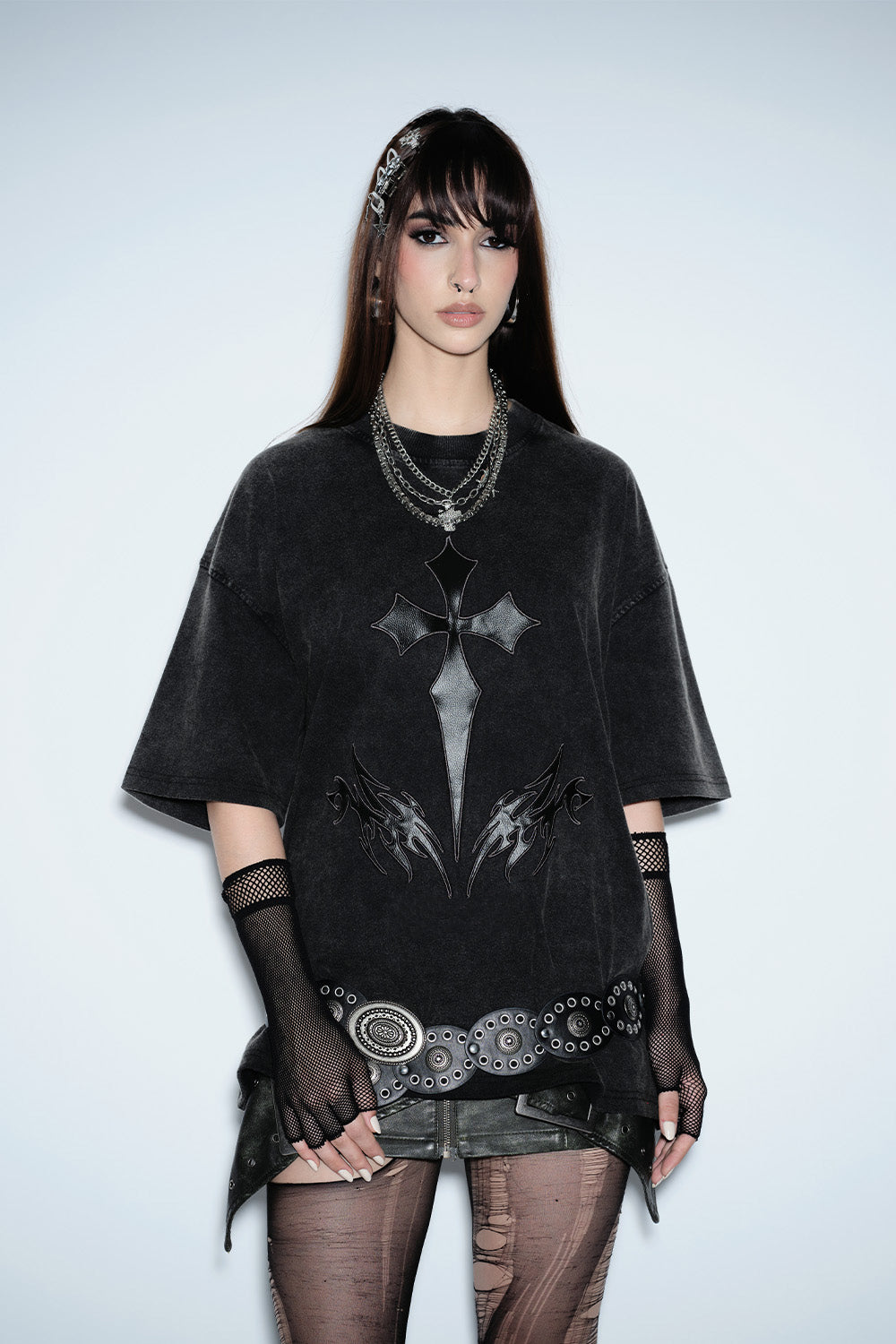 Crucivibe Leather Patch Oversized T-shirt - BonkersCorner