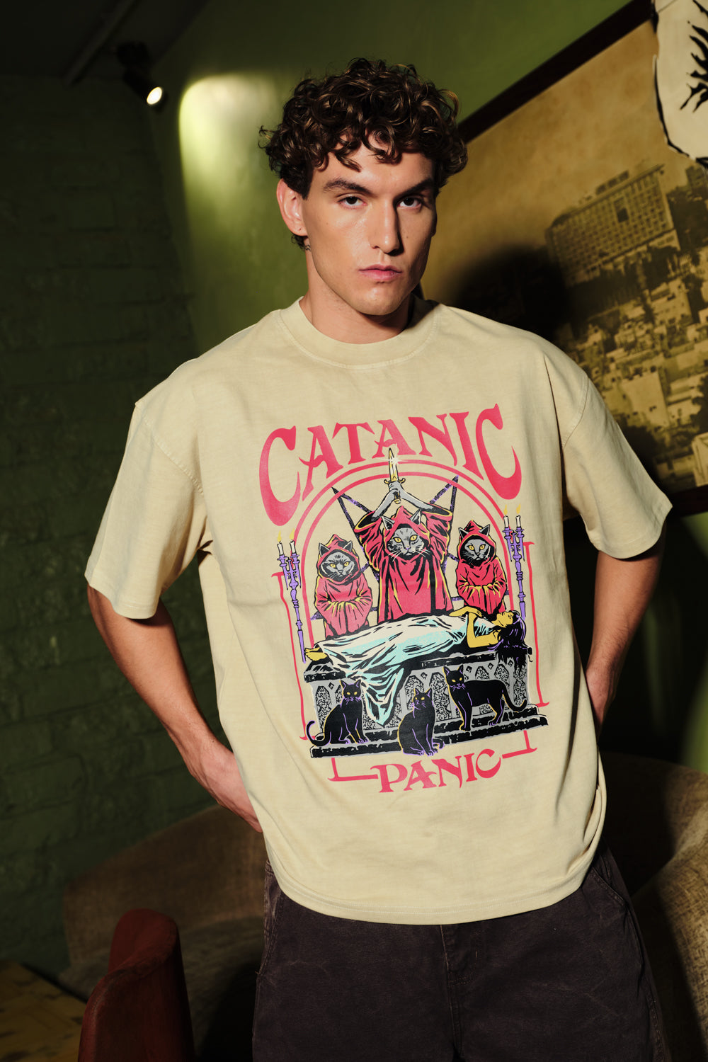 Catanic Beige Oversized T-Shirt - BonkersCorner