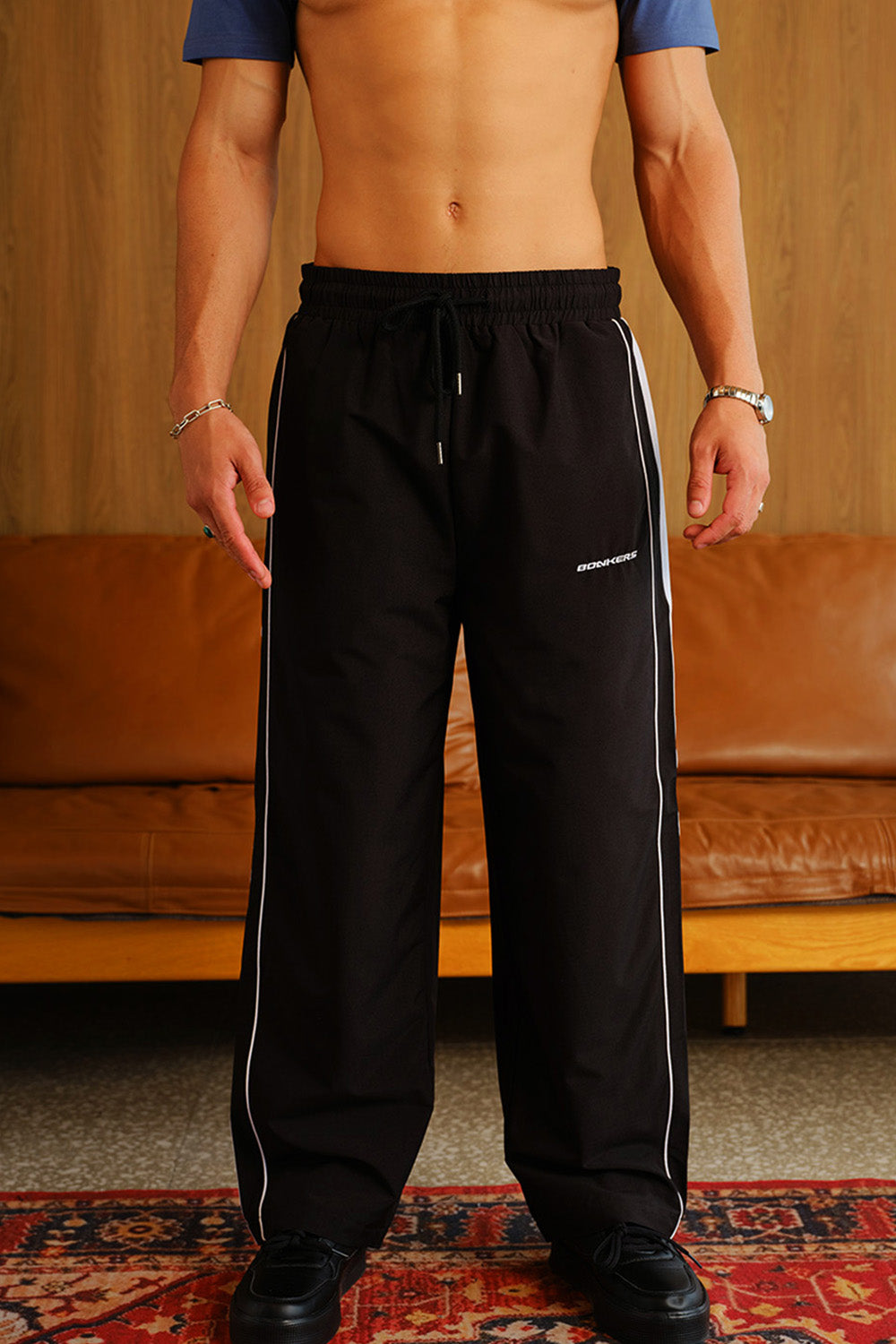 Black Tape Wide Leg Joggers - BonkersCorner