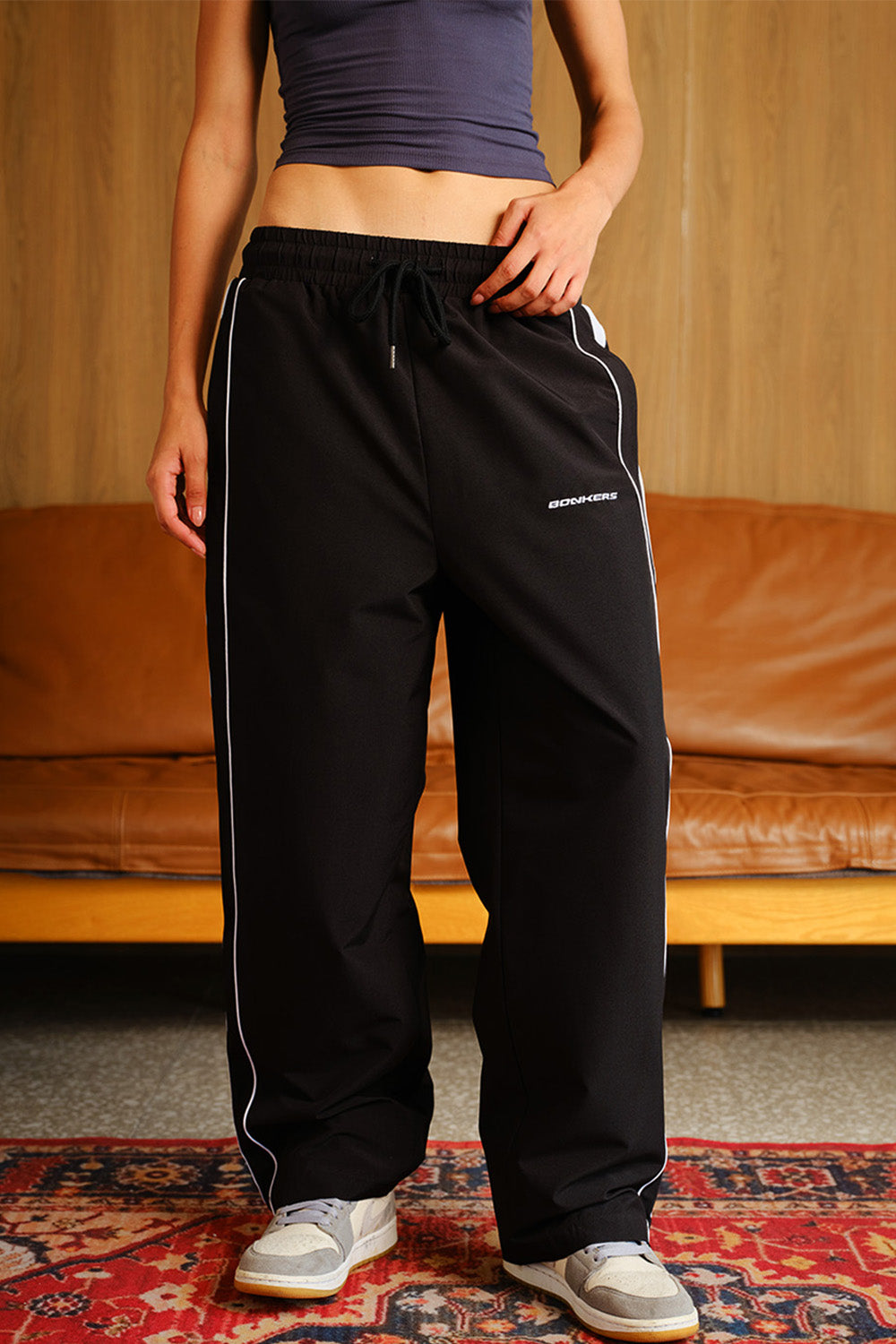 Black Tape Wide Leg Joggers - BonkersCorner