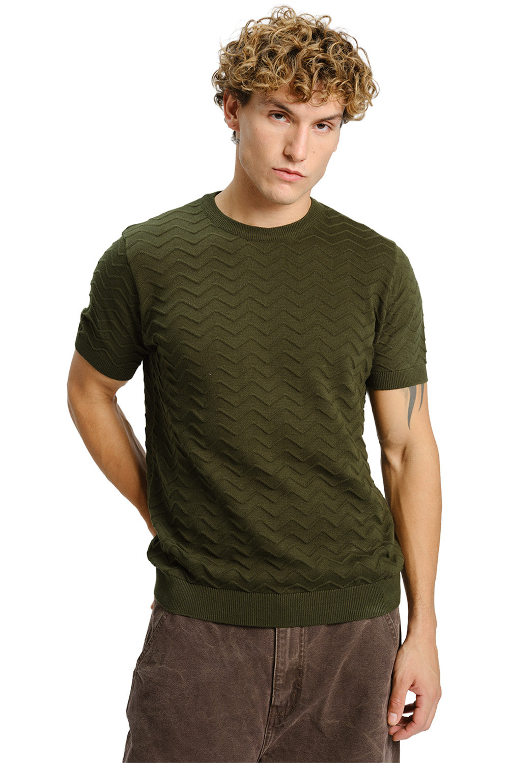 Zigzag Olive Knit T-shirt - BonkersCorner