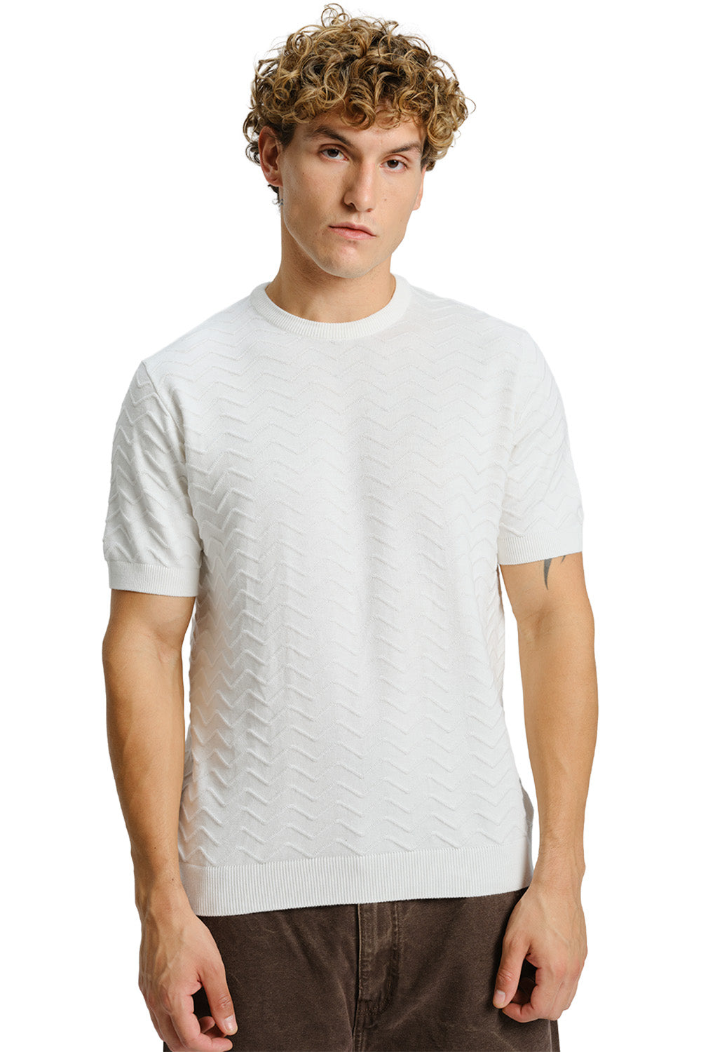 Zigzag White Knit T-shirt - BonkersCorner