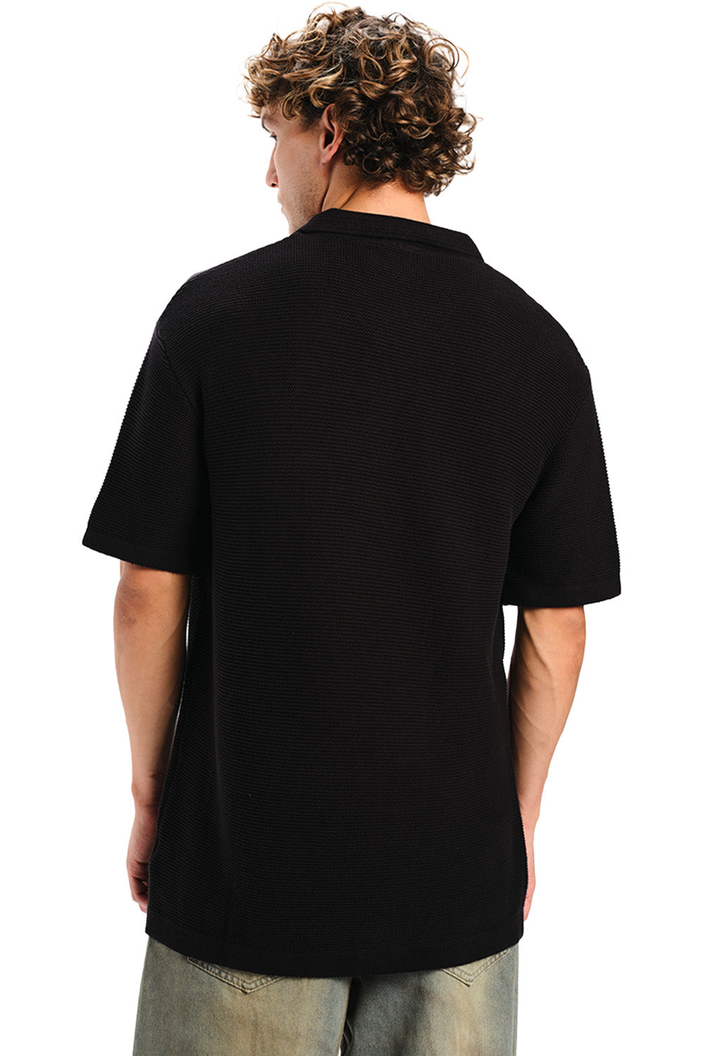 Black Knit Double Textured Polo T-shirt - BonkersCorner