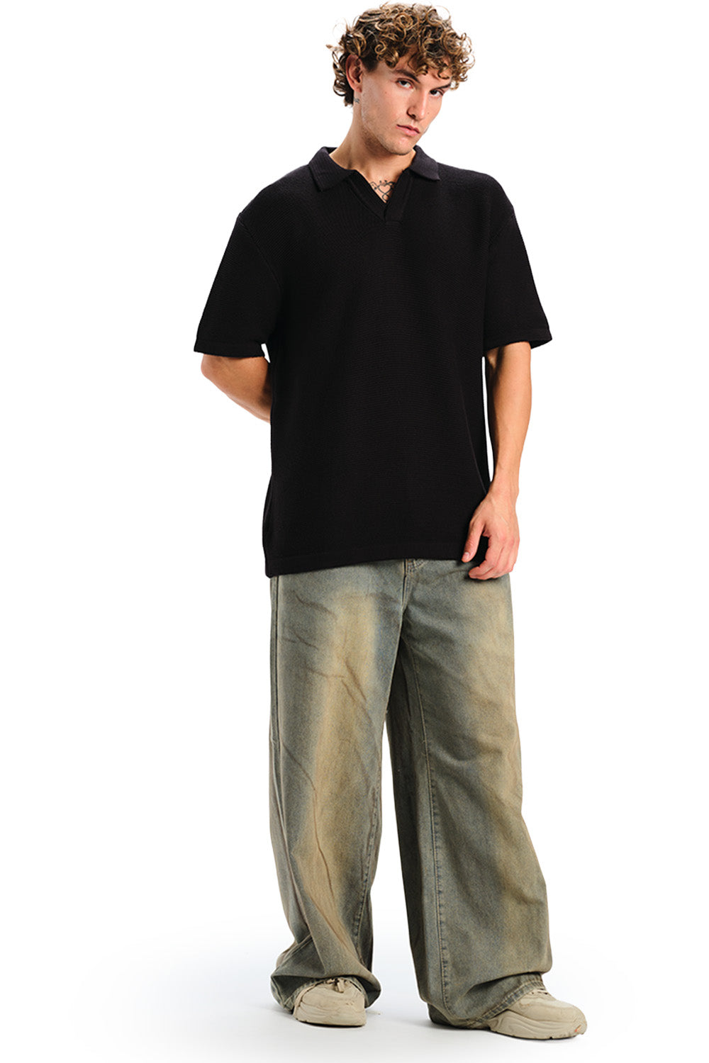 Black Knit Double Textured Polo T-shirt - BonkersCorner