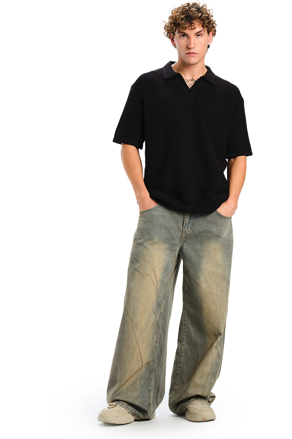 Black Knit Double Textured Polo T-shirt - BonkersCorner