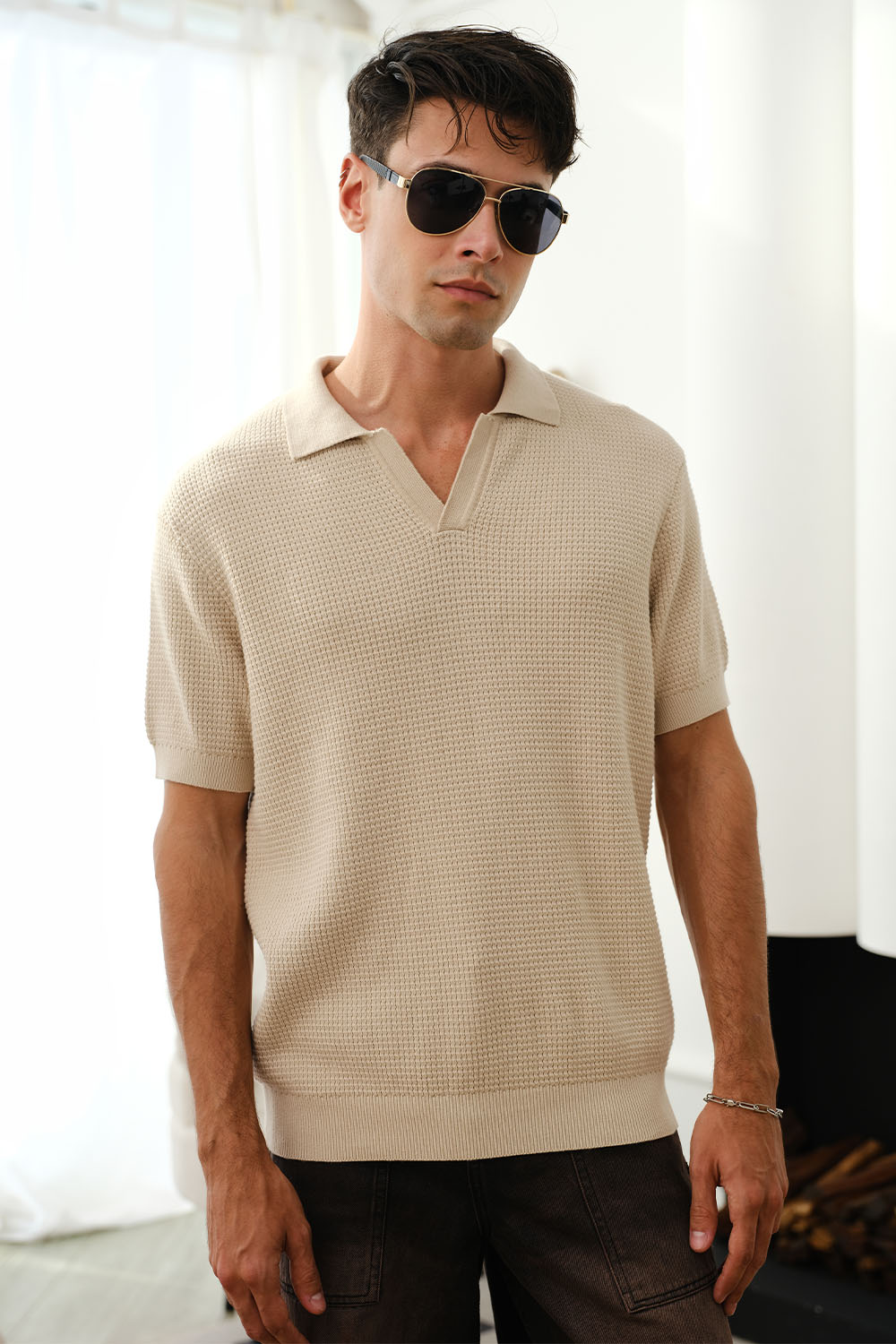 Beige Knit Textured Polo T-shirt - BonkersCorner