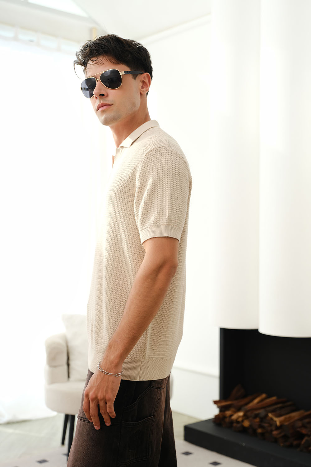 Beige Knit Textured Polo T-shirt - BonkersCorner