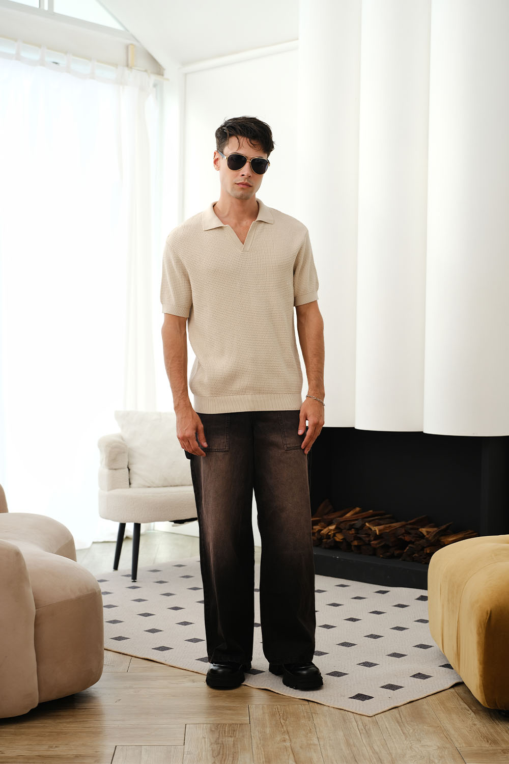 Beige Knit Textured Polo T-shirt - BonkersCorner
