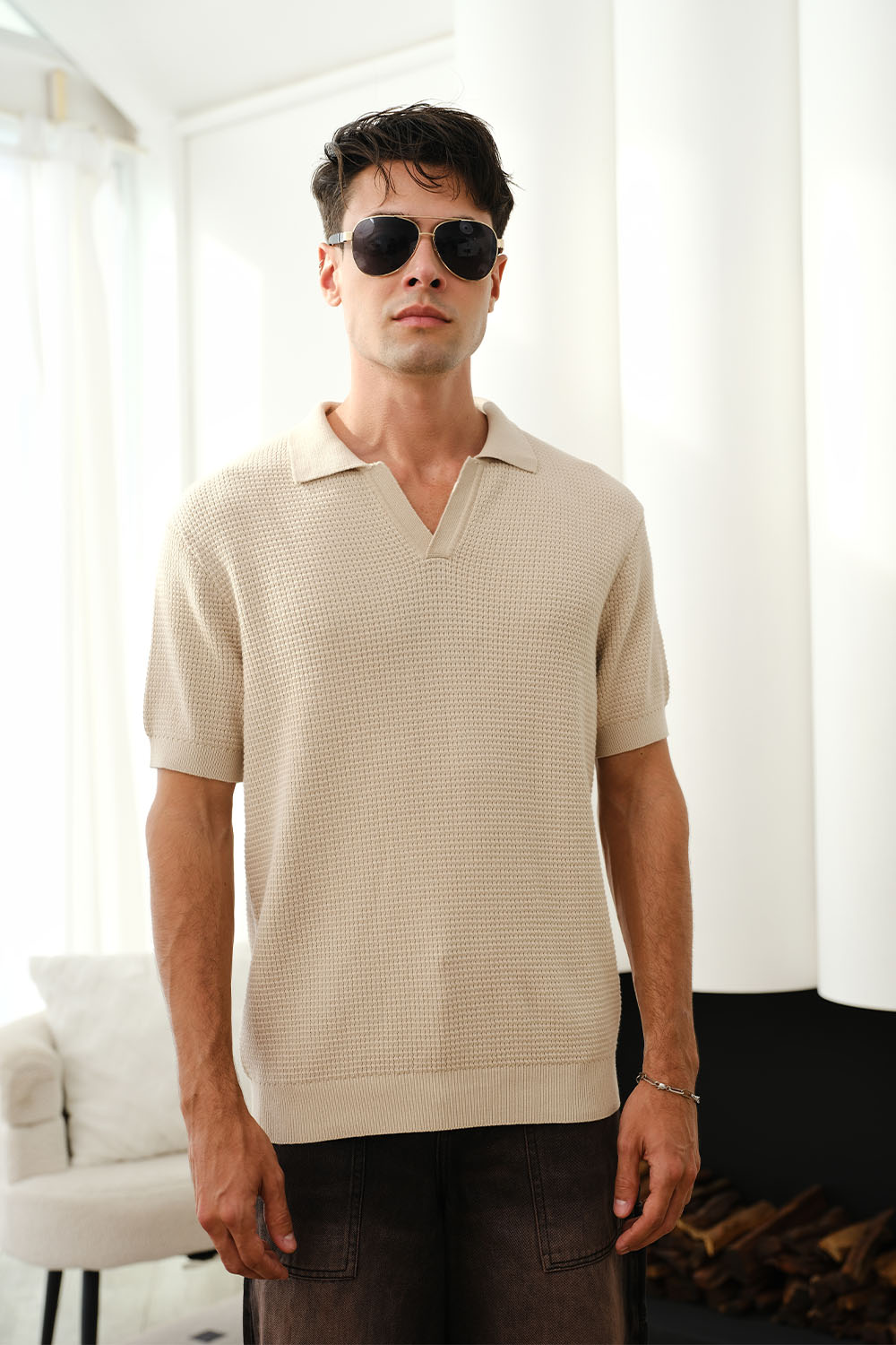 Beige Knit Textured Polo T-shirt - BonkersCorner