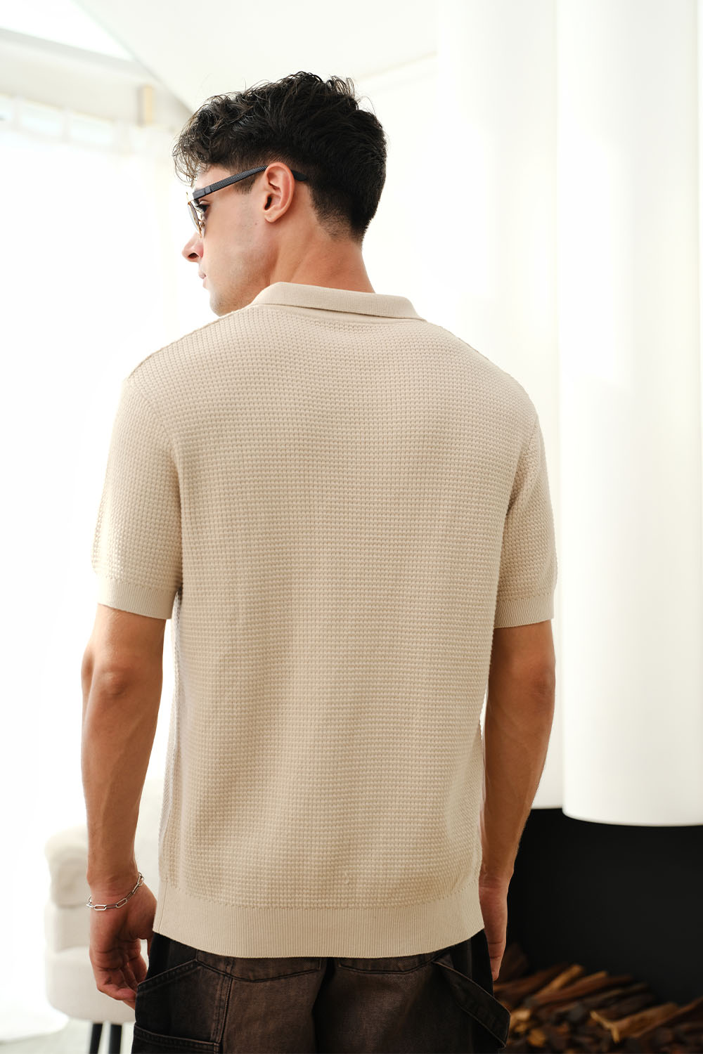 Beige Knit Textured Polo T-shirt - BonkersCorner