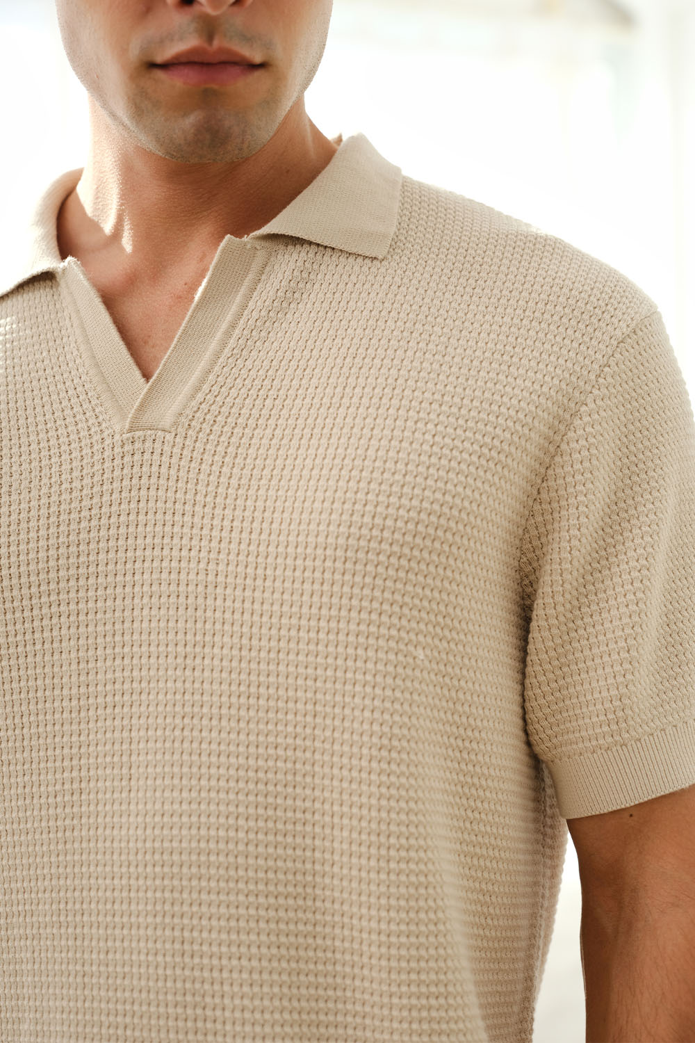 Beige Knit Textured Polo T-shirt - BonkersCorner