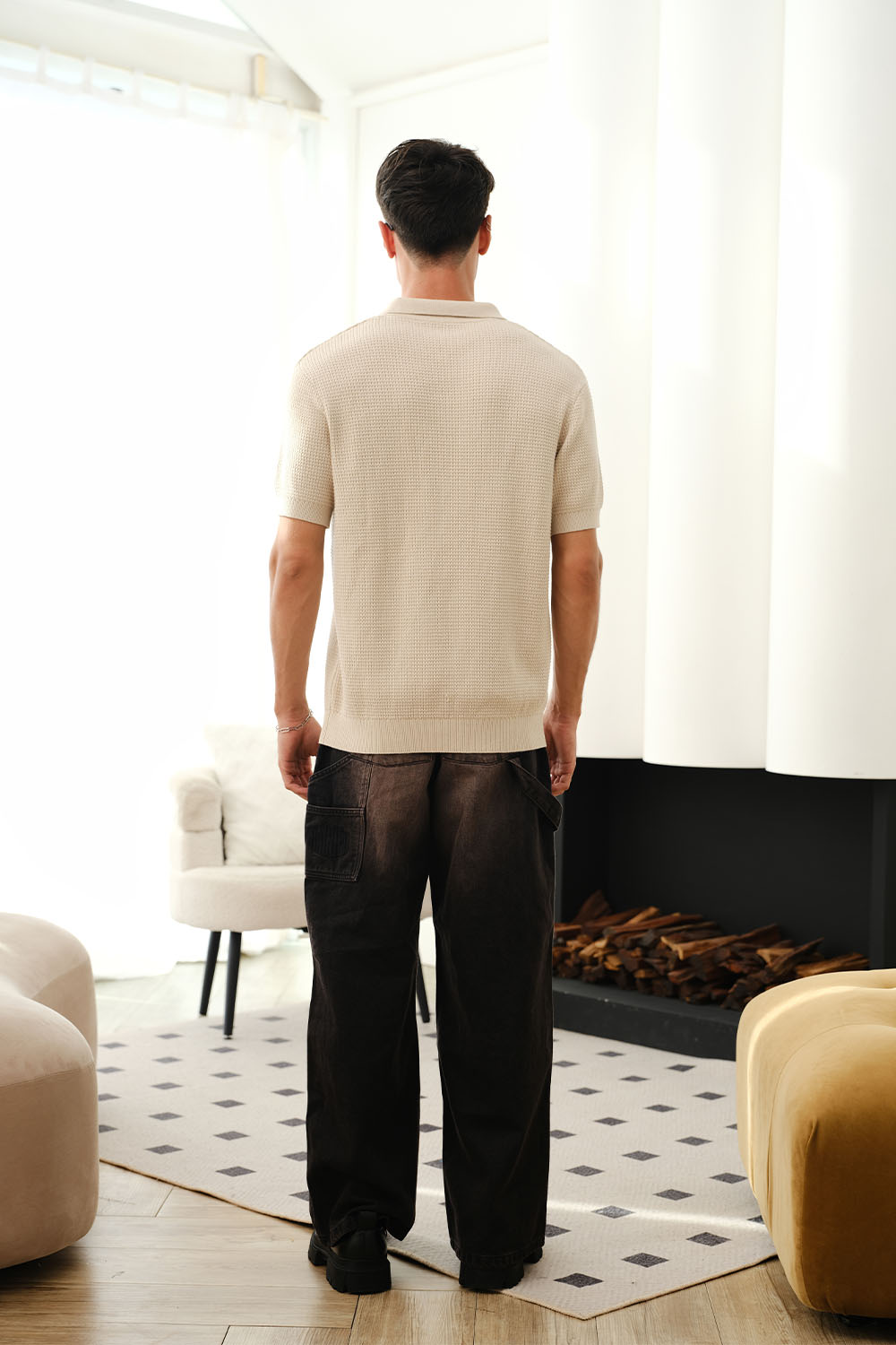 Beige Knit Textured Polo T-shirt - BonkersCorner