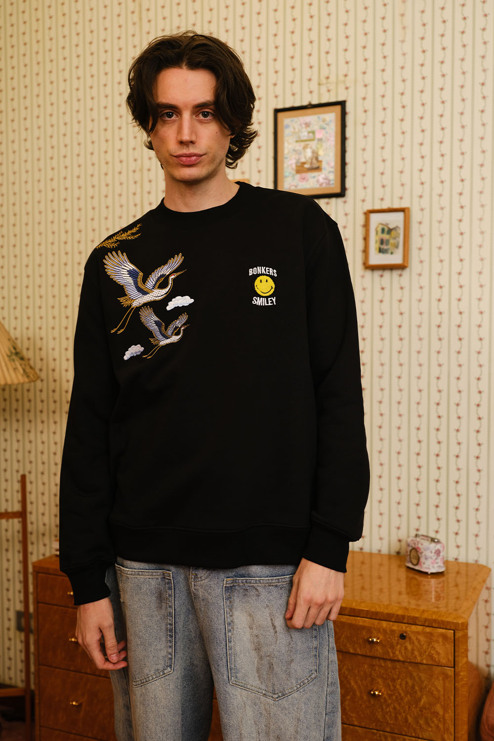 Black Embroidered Smiley Originals Sweatshirt - BonkersCorner