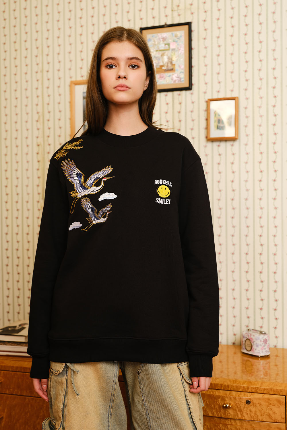 Black Embroidered Smiley Originals Sweatshirt - BonkersCorner