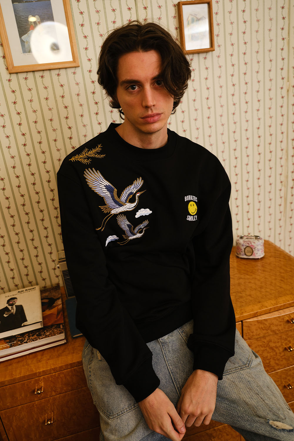 Black Embroidered Smiley Originals Sweatshirt - BonkersCorner