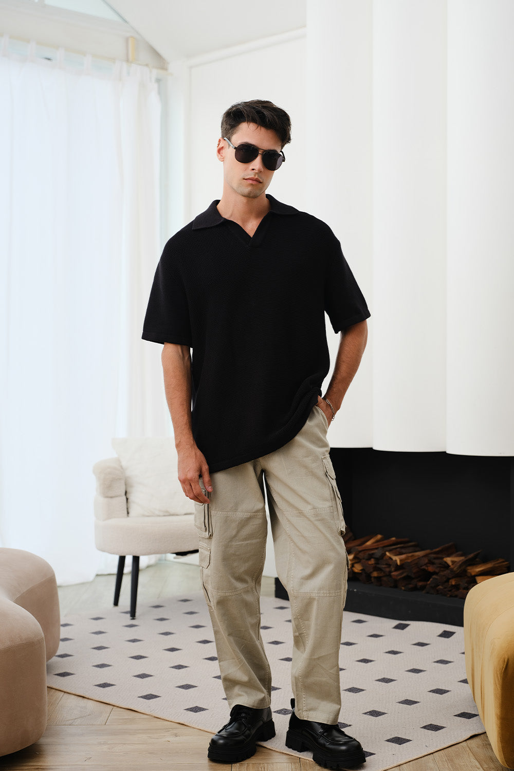 Black Knit Textured Polo T-shirt - BonkersCorner