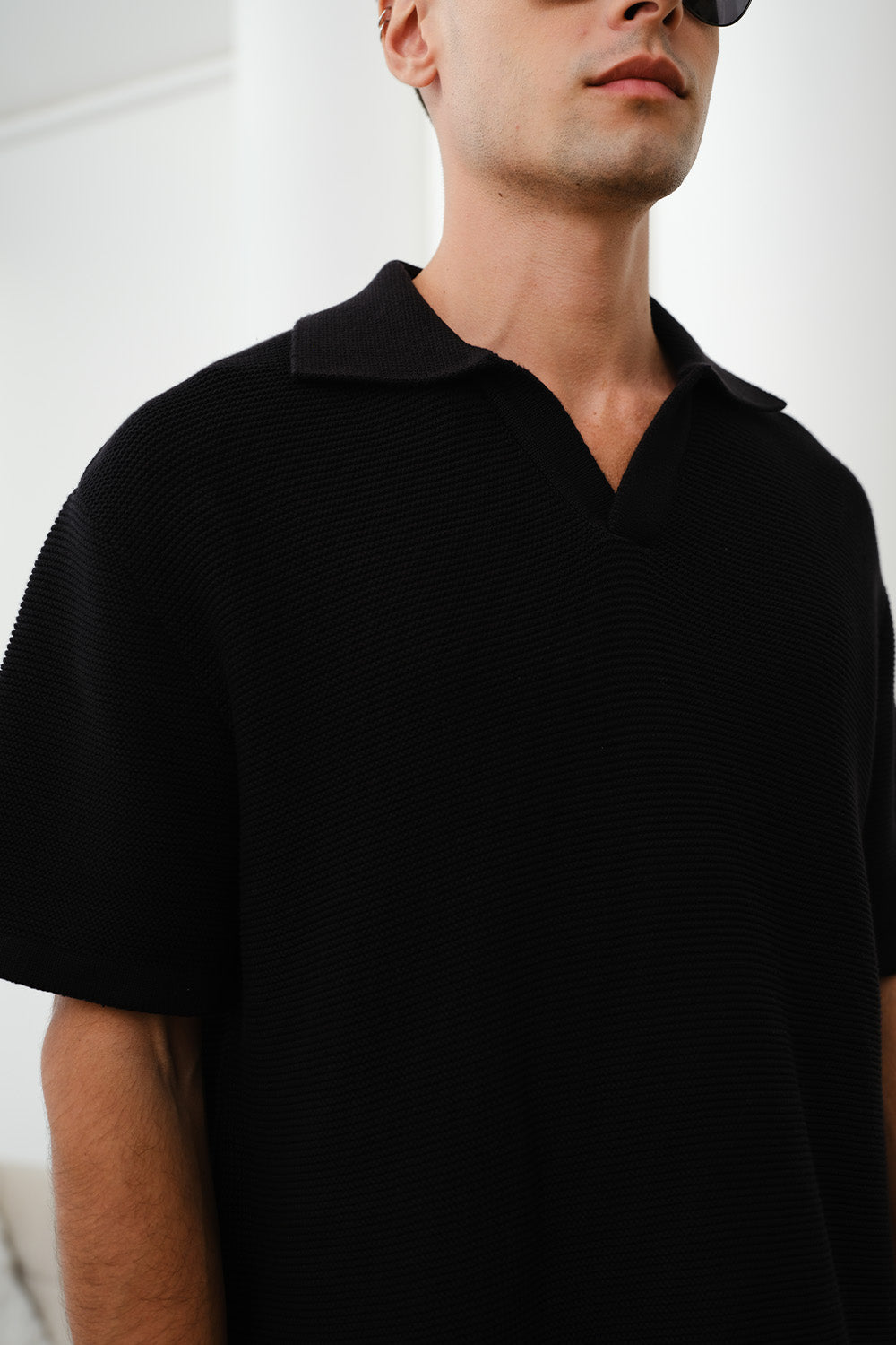 Black Knit Textured Polo T-shirt - BonkersCorner