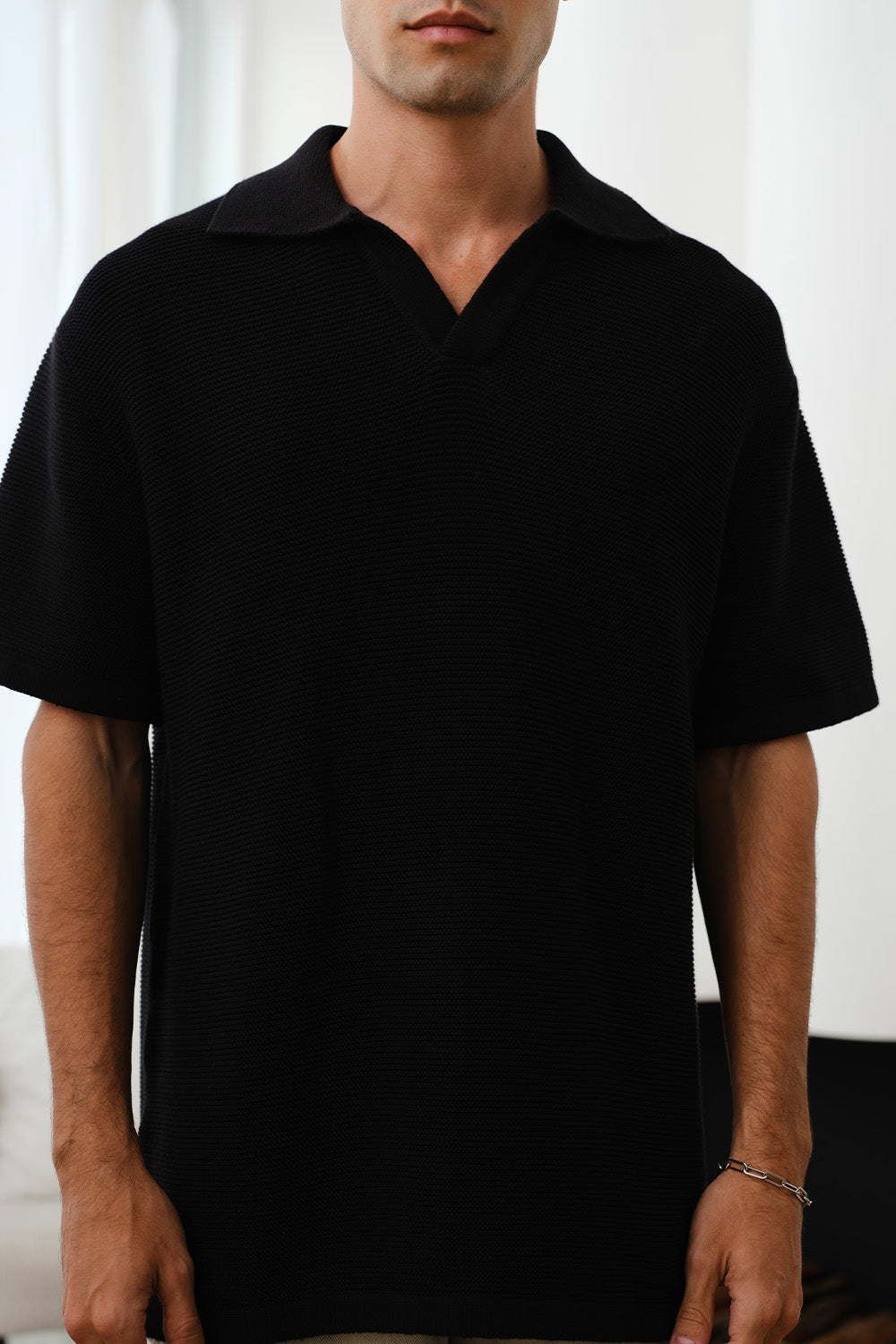 Black Knit Textured Polo T-shirt - BonkersCorner