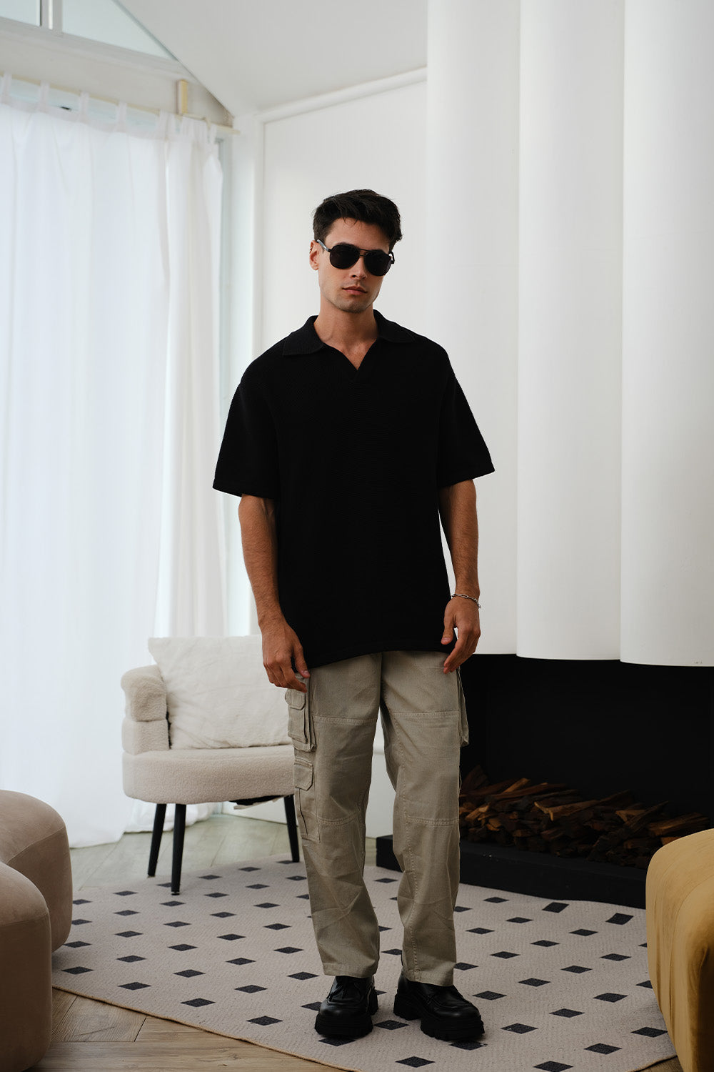 Black Knit Textured Polo T-shirt - BonkersCorner