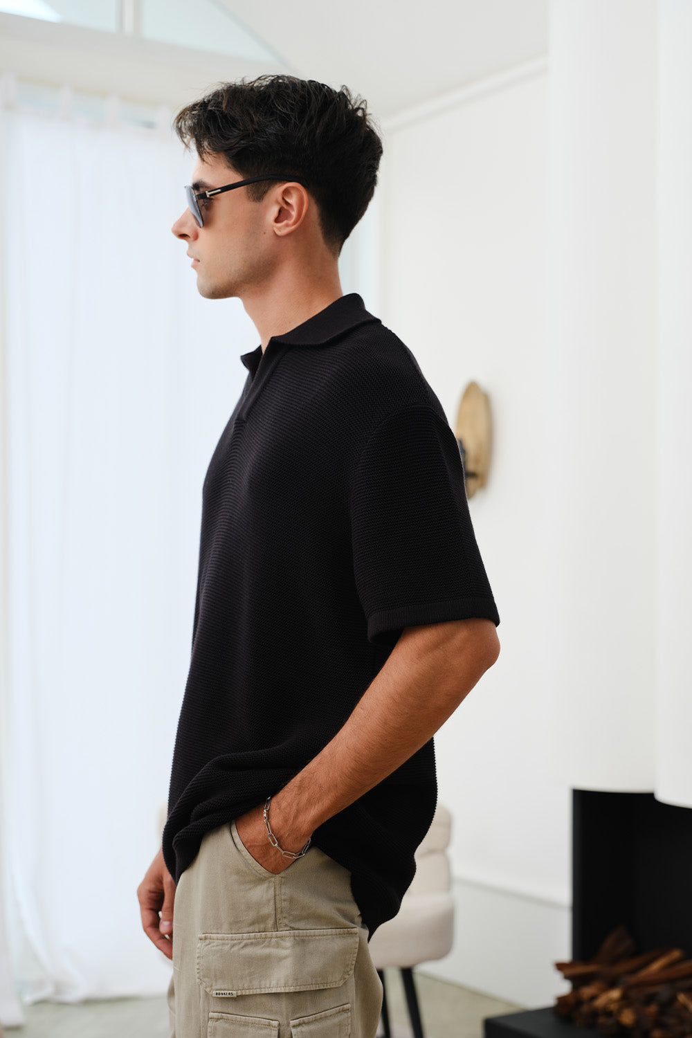 Black Knit Textured Polo T-shirt - BonkersCorner