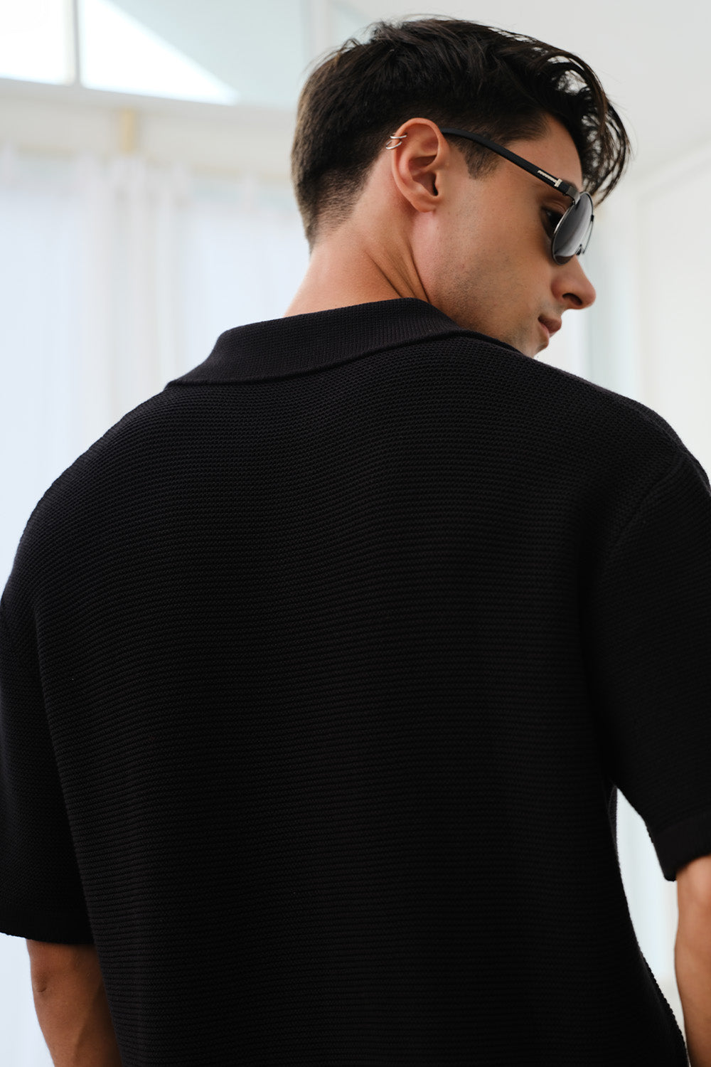 Black Knit Textured Polo T-shirt - BonkersCorner
