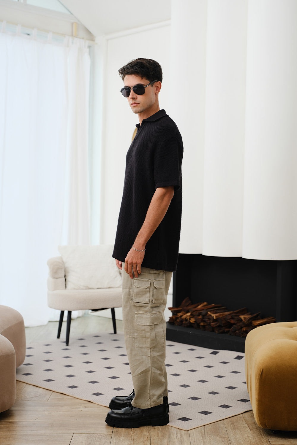 Black Knit Textured Polo T-shirt - BonkersCorner