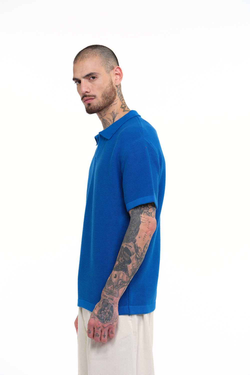 Cobalt Blue Knit Textured Polo T-shirt - BonkersCorner