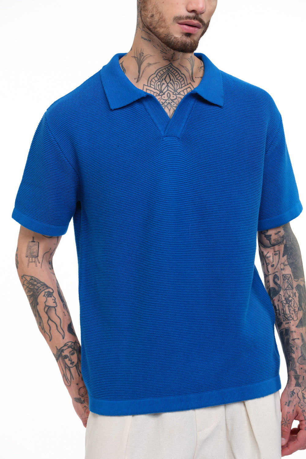 Cobalt Blue Knit Textured Polo T-shirt - BonkersCorner