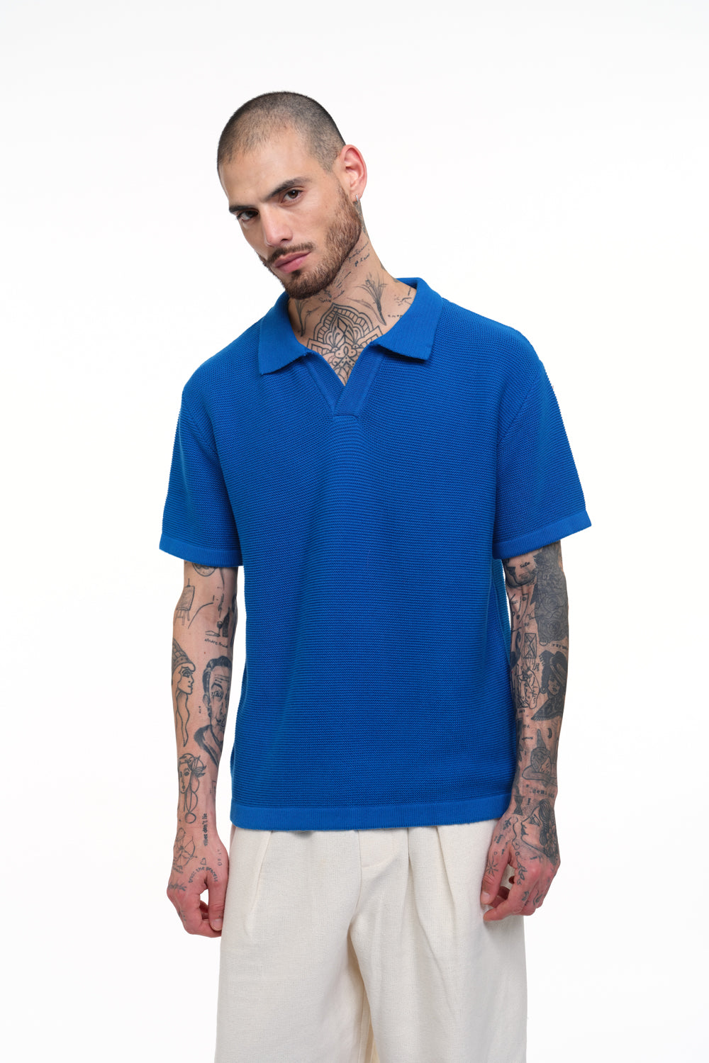 Cobalt Blue Knit Textured Polo T-shirt - BonkersCorner