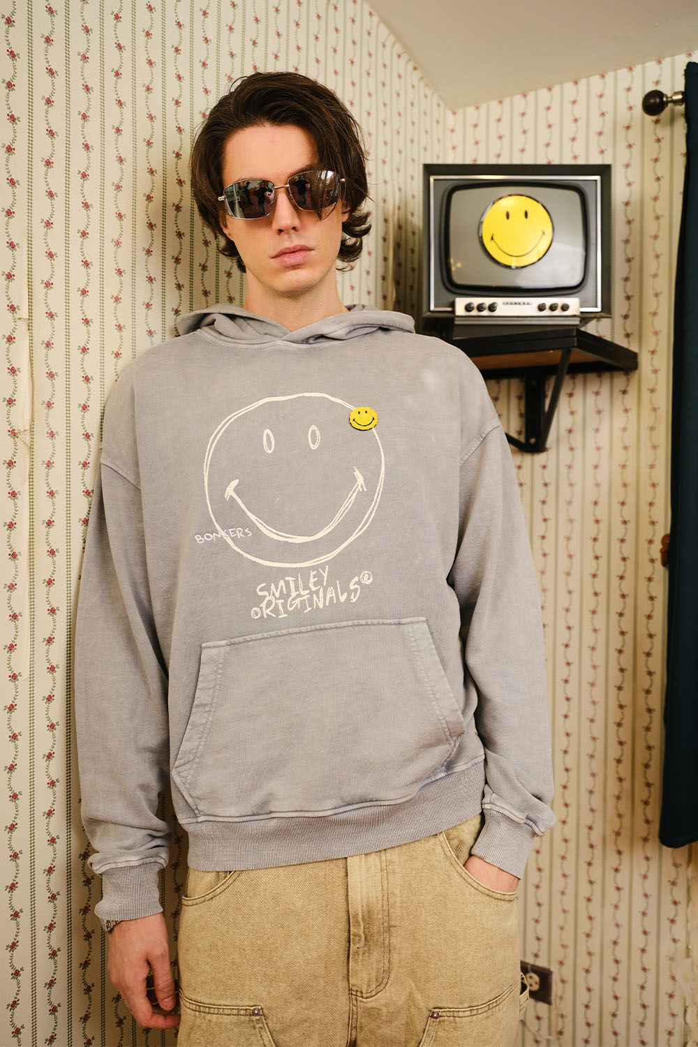 Grey Faded Smiley Originals Hoodie - BonkersCorner