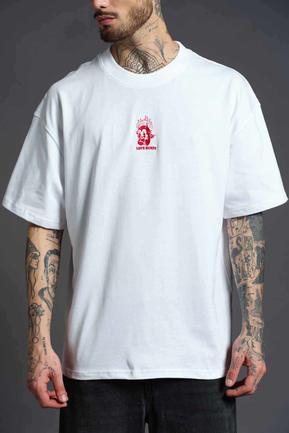 Love Hurts Embroidered Premium Oversized T-shirt - BonkersCorner