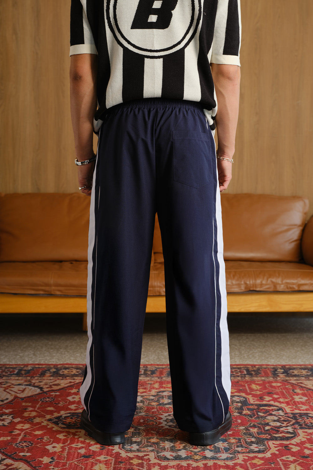 Navy Blue Tape Wide Leg Joggers - BonkersCorner