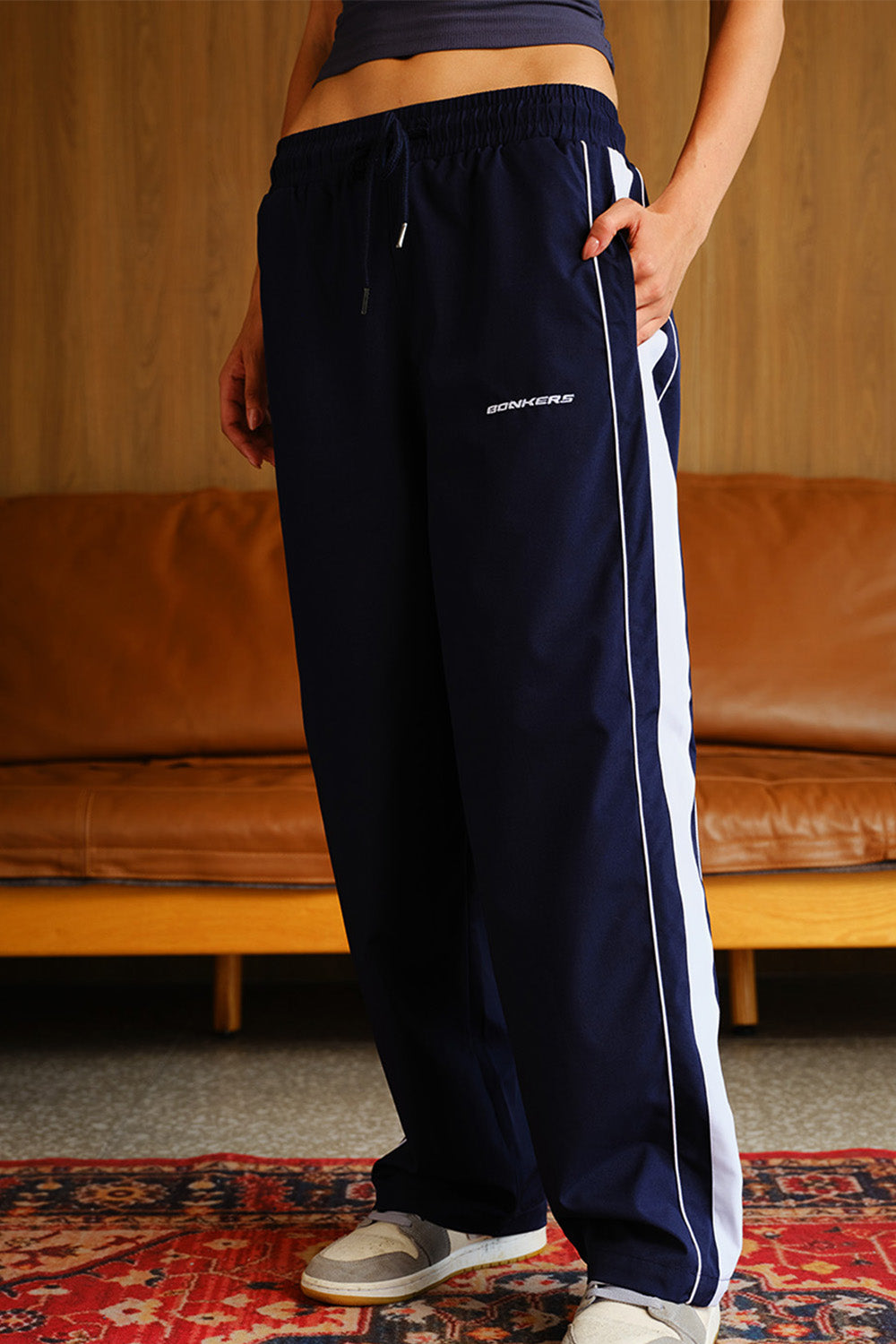 Navy Blue Tape Wide Leg Joggers - BonkersCorner
