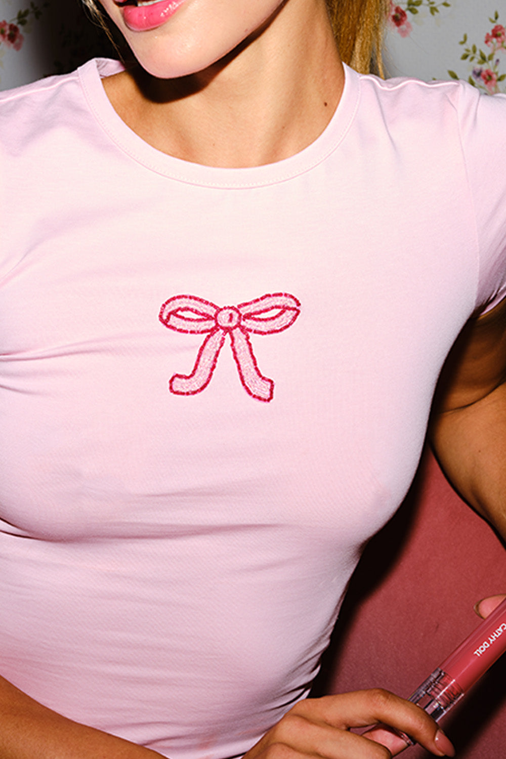 Pretty Bow Beaded Embroidery Baby Tee - BonkersCorner
