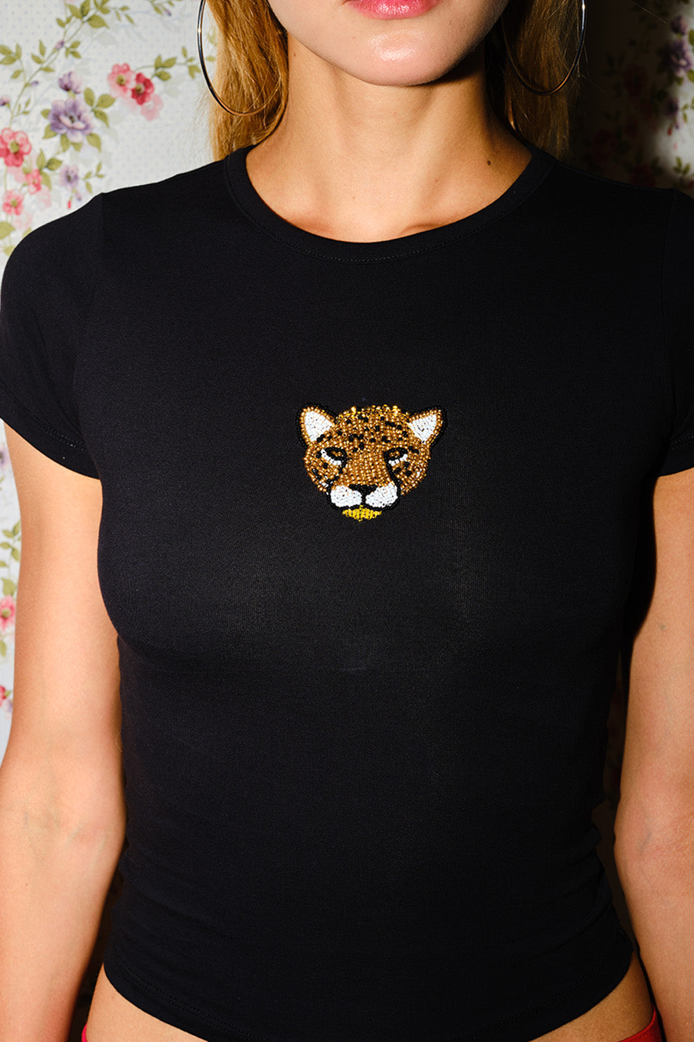 Wild Cat Beaded Embroidery Baby Tee - BonkersCorner