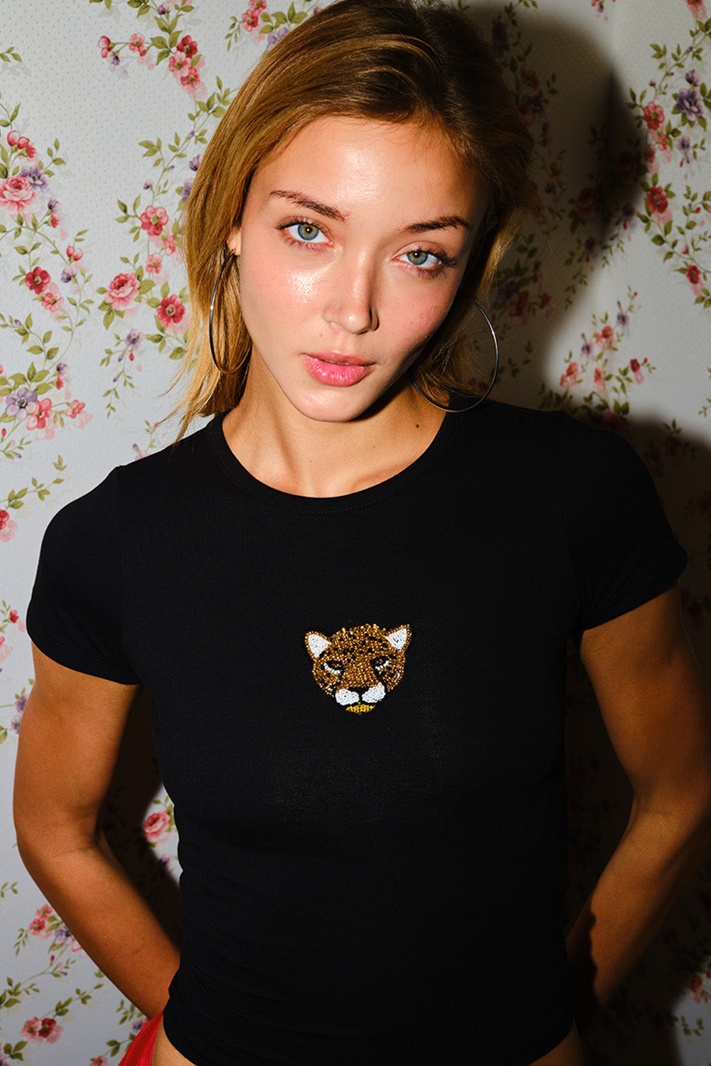 Wild Cat Beaded Embroidery Baby Tee - BonkersCorner