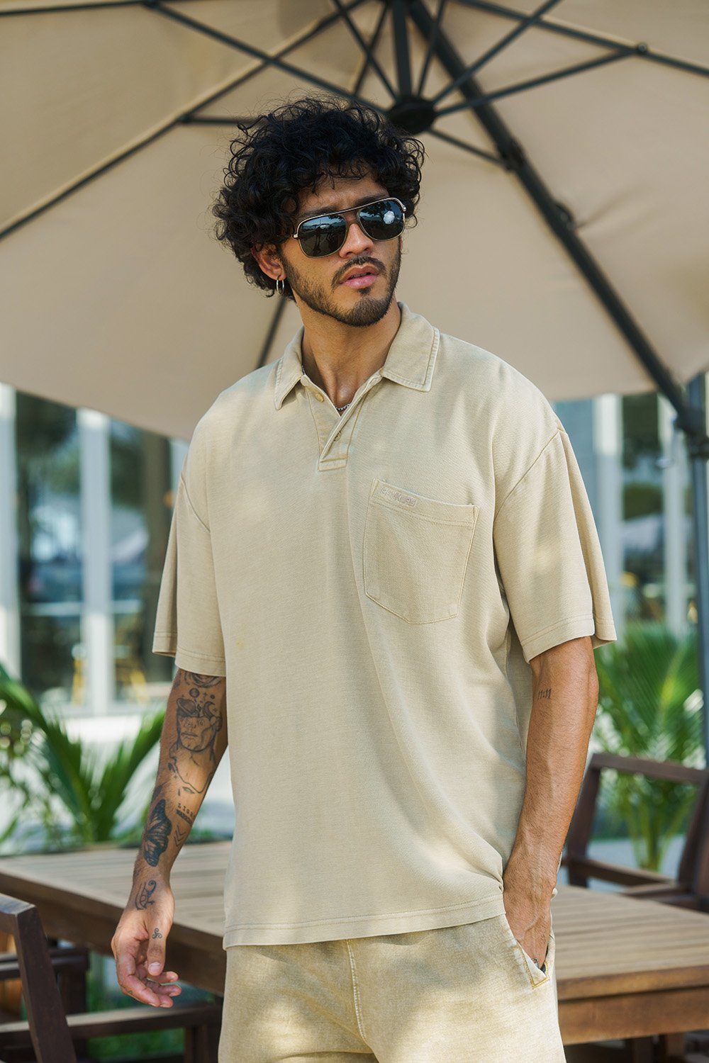 Beige Heavyweight Faded Polo - BonkersCorner