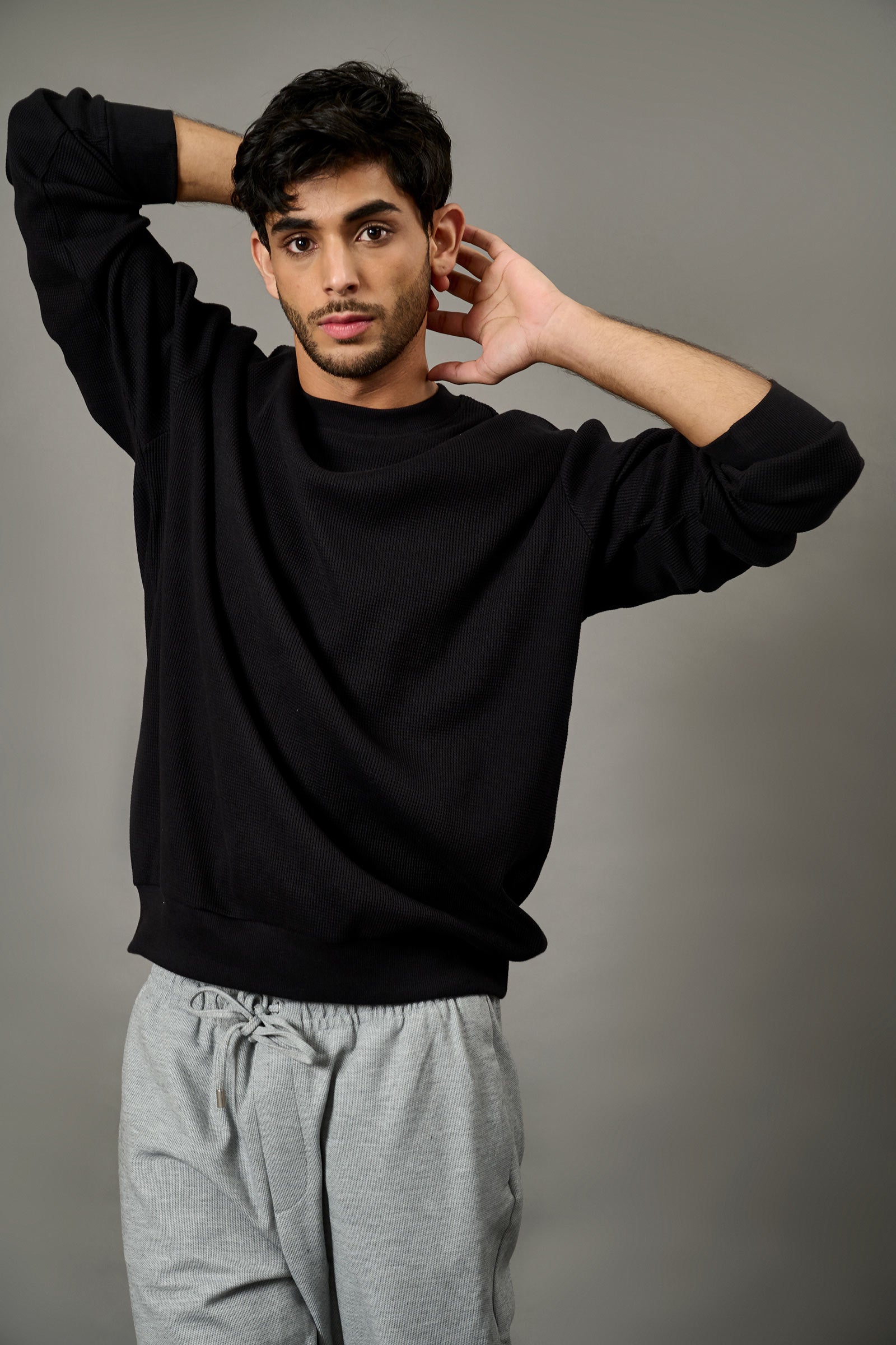 Black Heavyweight Crew Neck Waffle - BonkersCorner