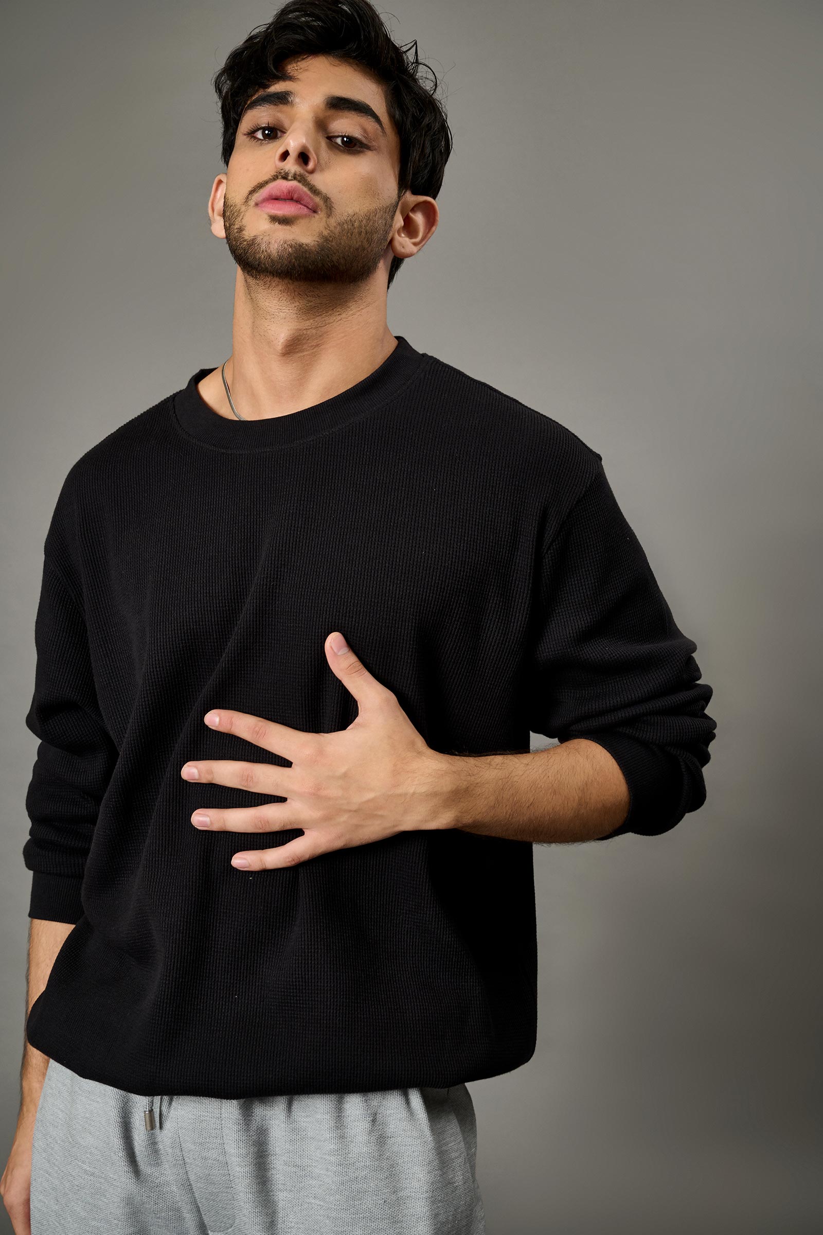 Black Heavyweight Crew Neck Waffle - BonkersCorner