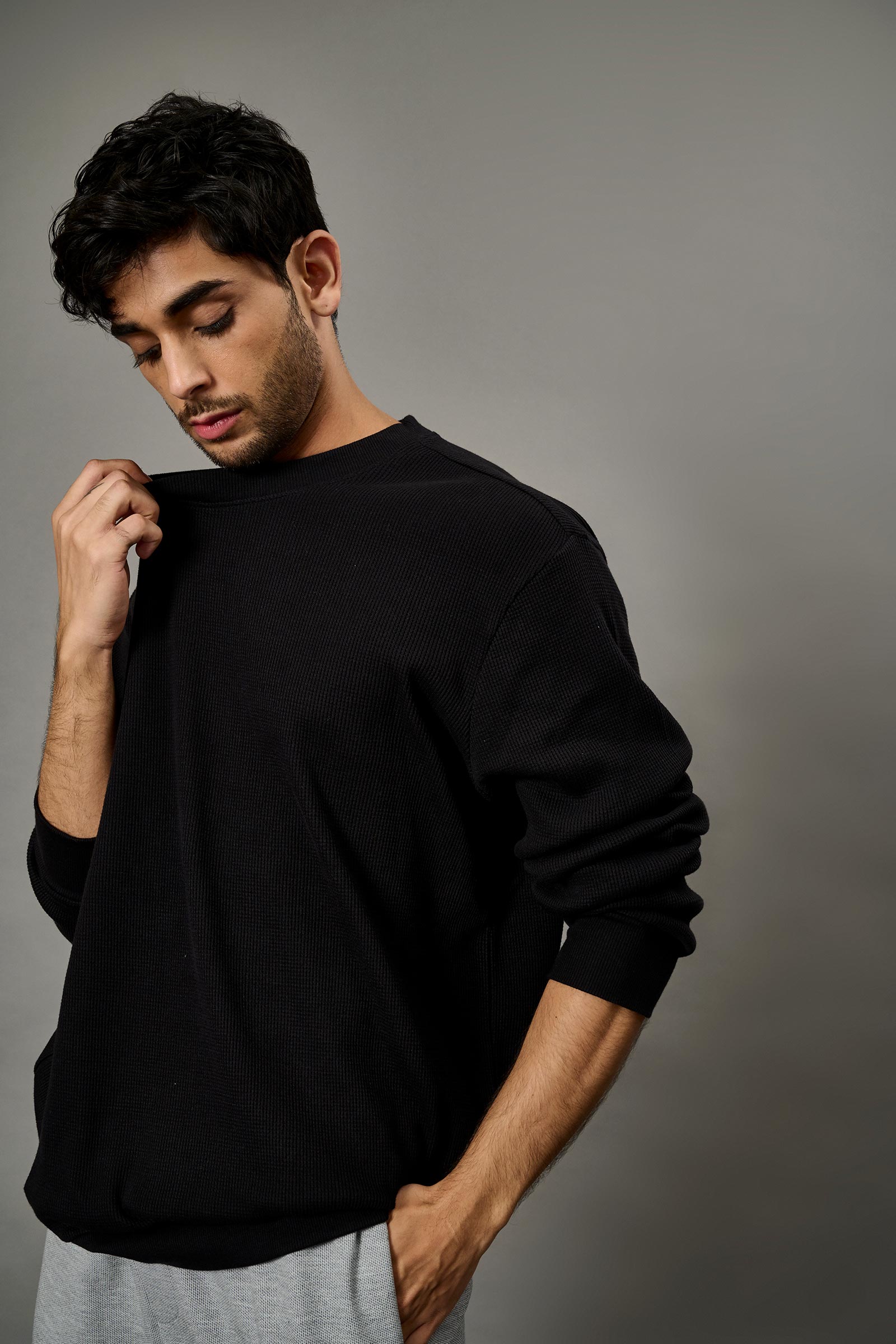 Black Heavyweight Crew Neck Waffle - BonkersCorner