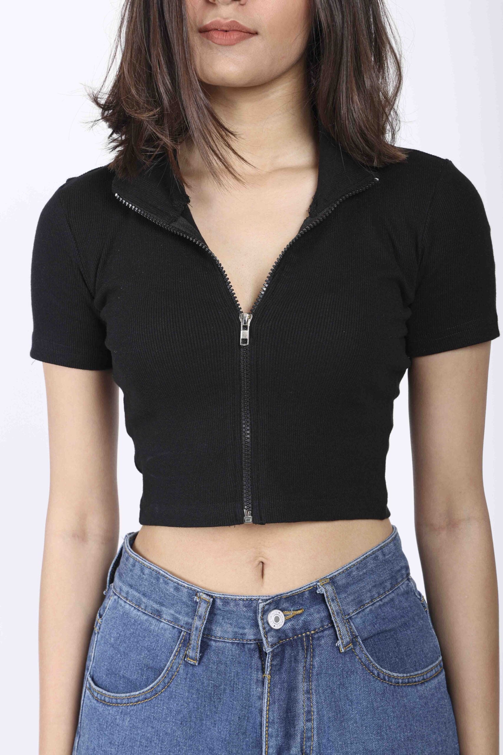 Black  Ribbed High neck  zipper - BonkersCorner