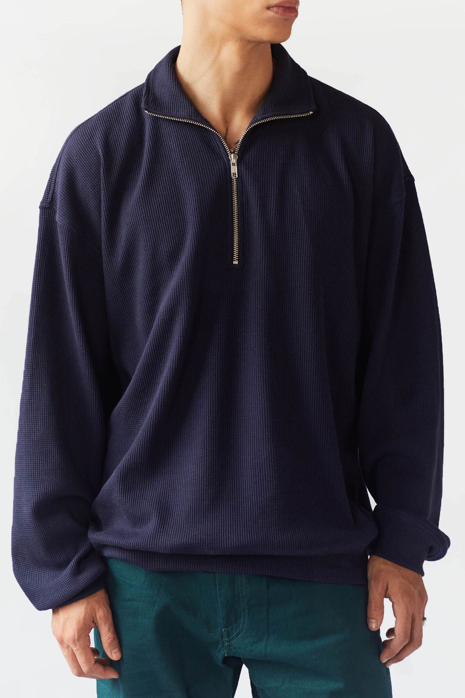 Blue Half Zip Waffle Sweatshirt - BonkersCorner