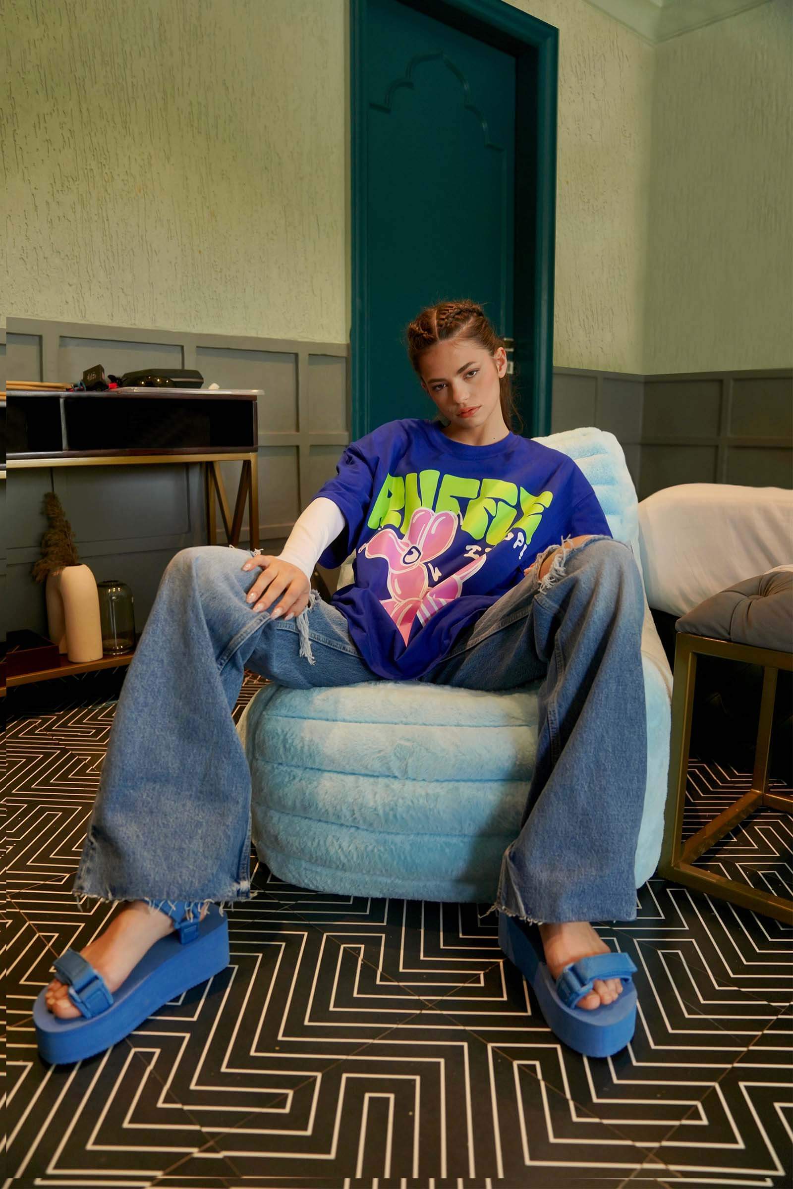 Blue Ruffle It Up Oversized T-shirt - BonkersCorner