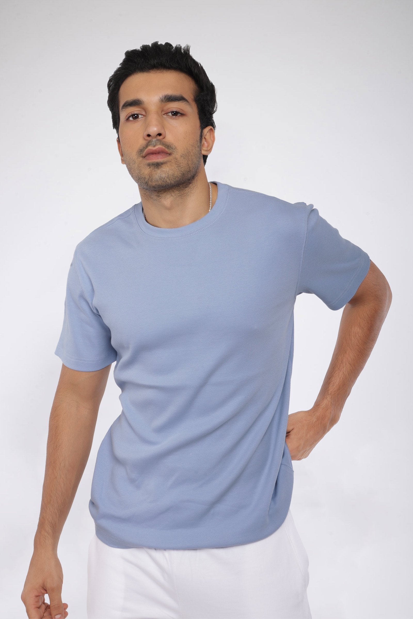 Mens Blue Ribbed Relaxed Fit T-shirt - BonkersCorner