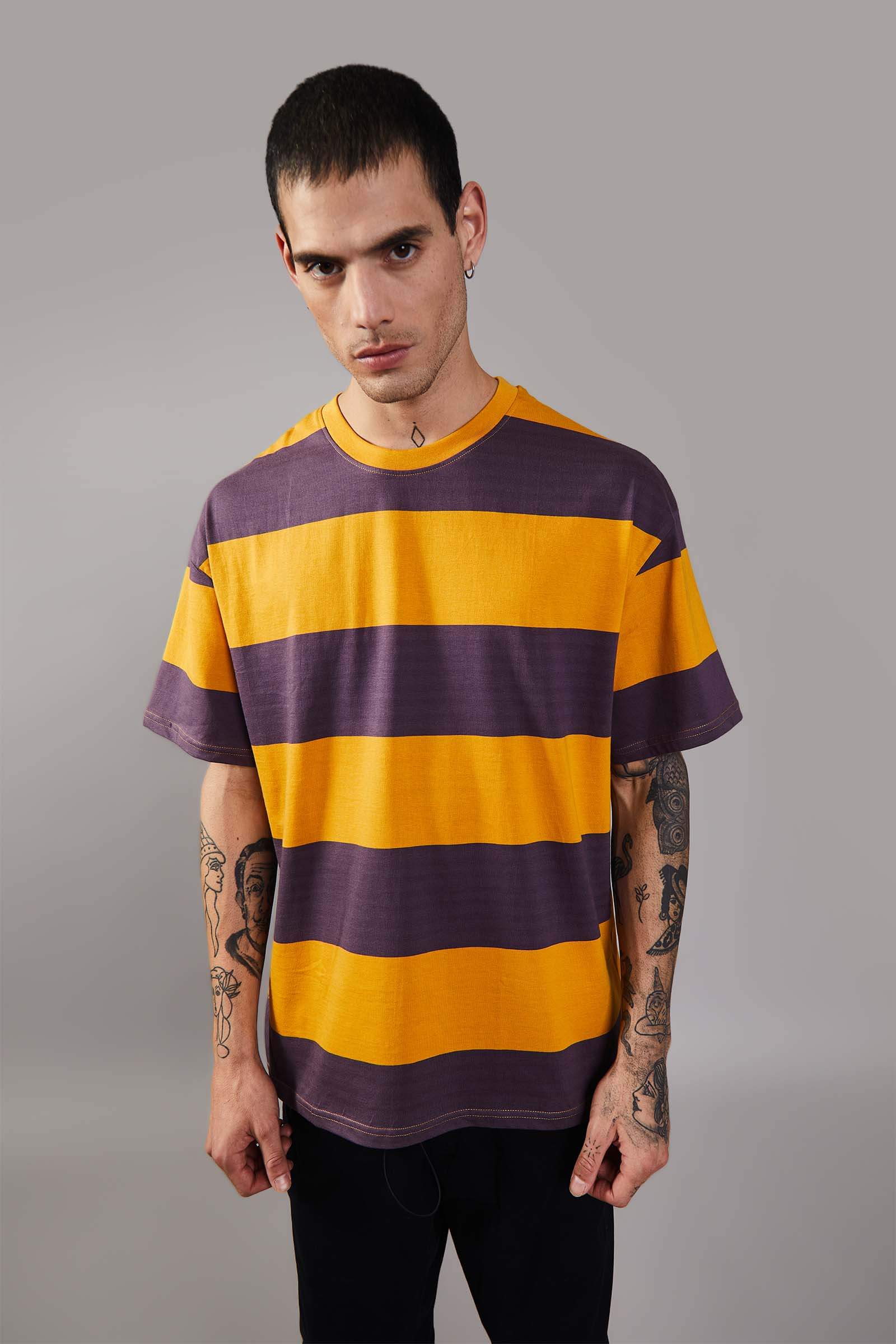 Musty Plum Striped Heavyweight Oversized T-Shirt - BonkersCorner