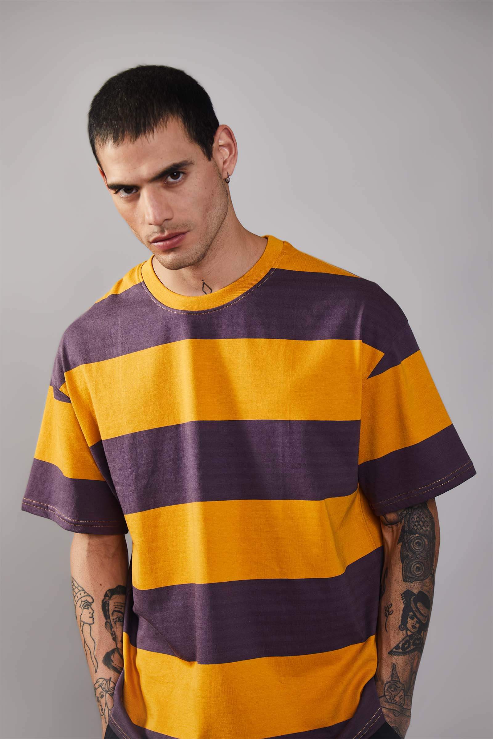 Musty Plum Striped Heavyweight Oversized T-Shirt - BonkersCorner