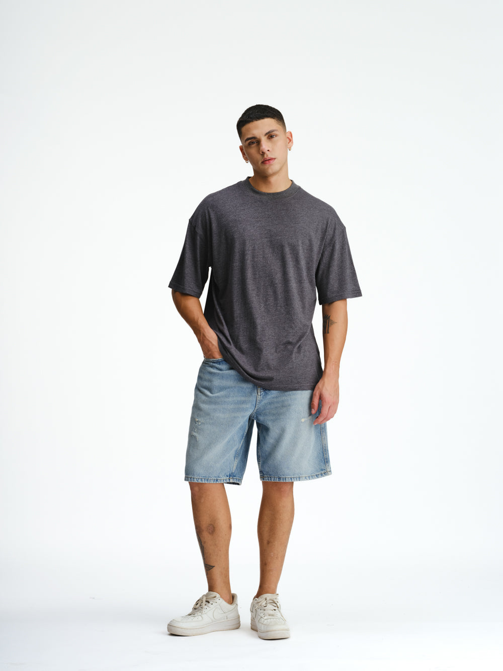 Solid Dark Grey Melange Soft Jersey Oversized T-shirt - BonkersCorner